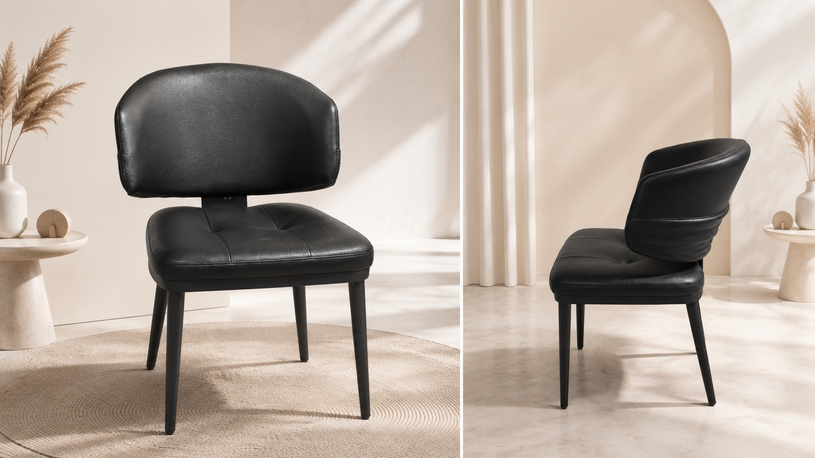 Black leather dining chair with padded seat and backrest