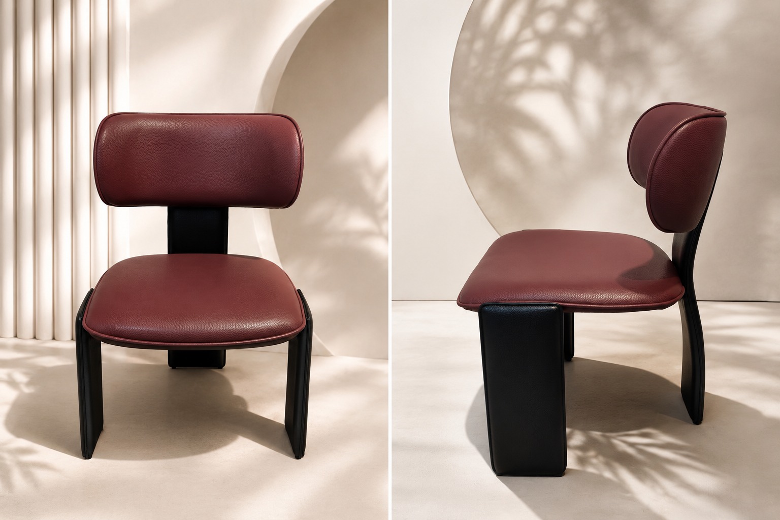 Burgundy leather dining chair with black frame shown from front and side