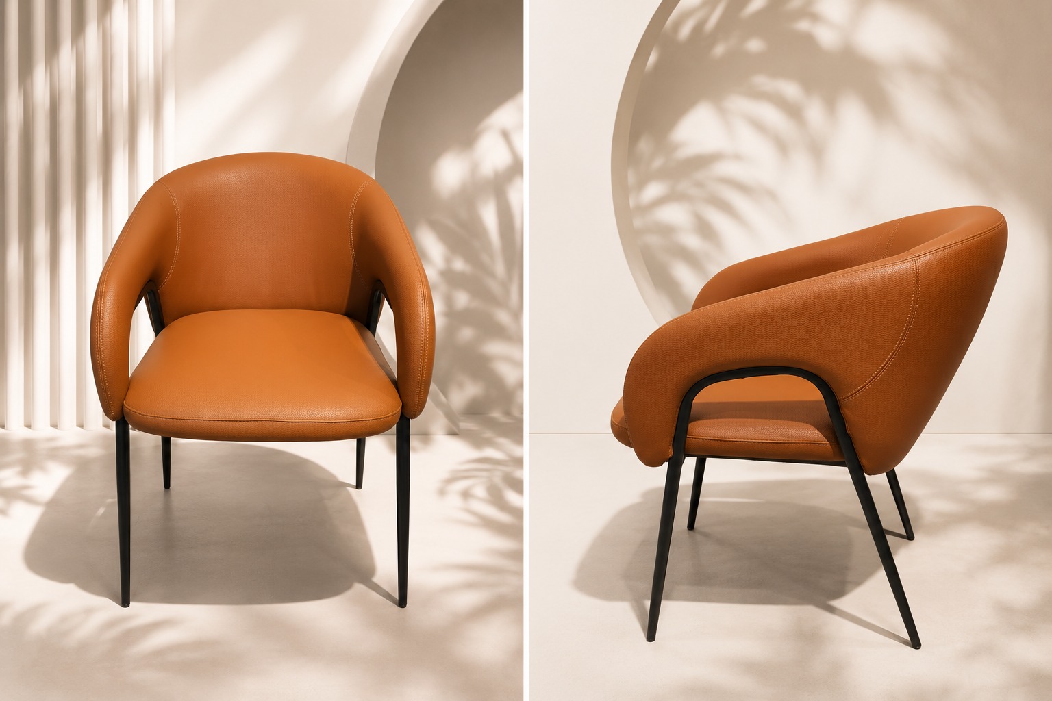 Caramel leather accent chair with curved arms and black legs
