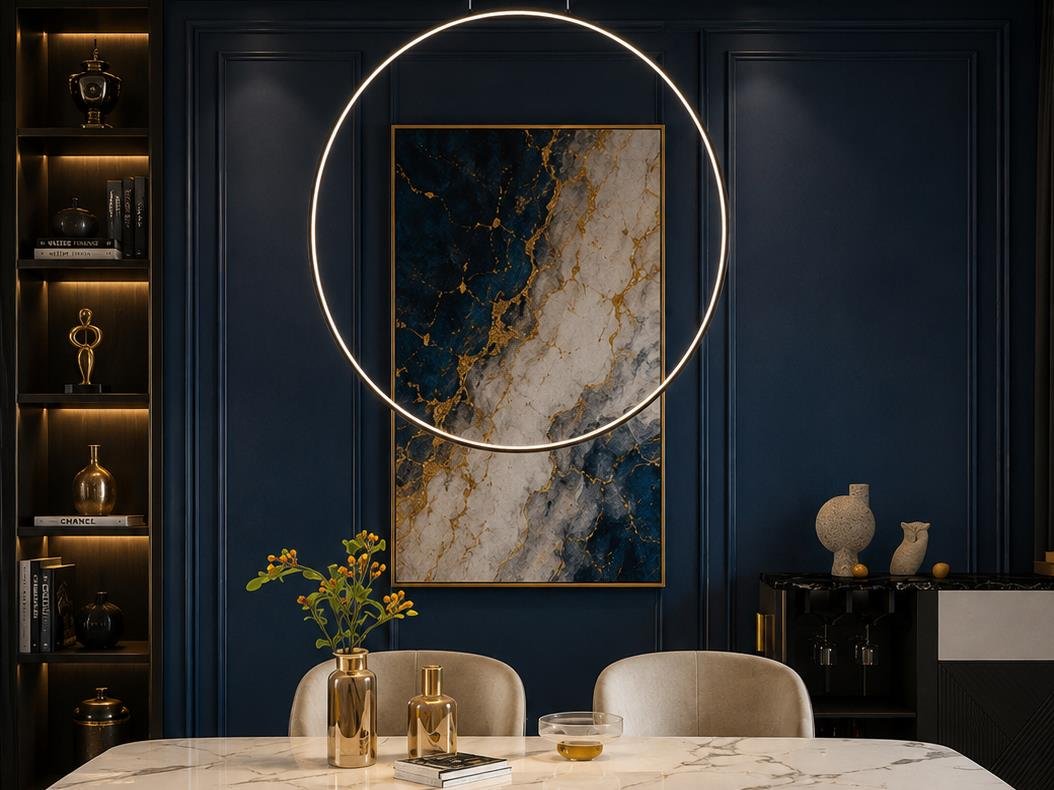 Dining room with a circular ring pendant light above the table