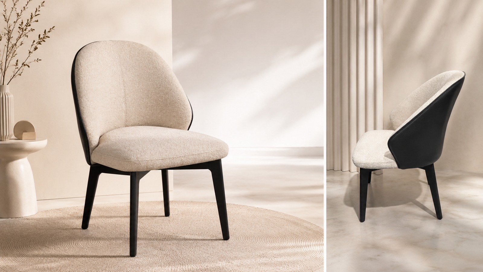 Cream boucle dining chair with black legs shown from front and side