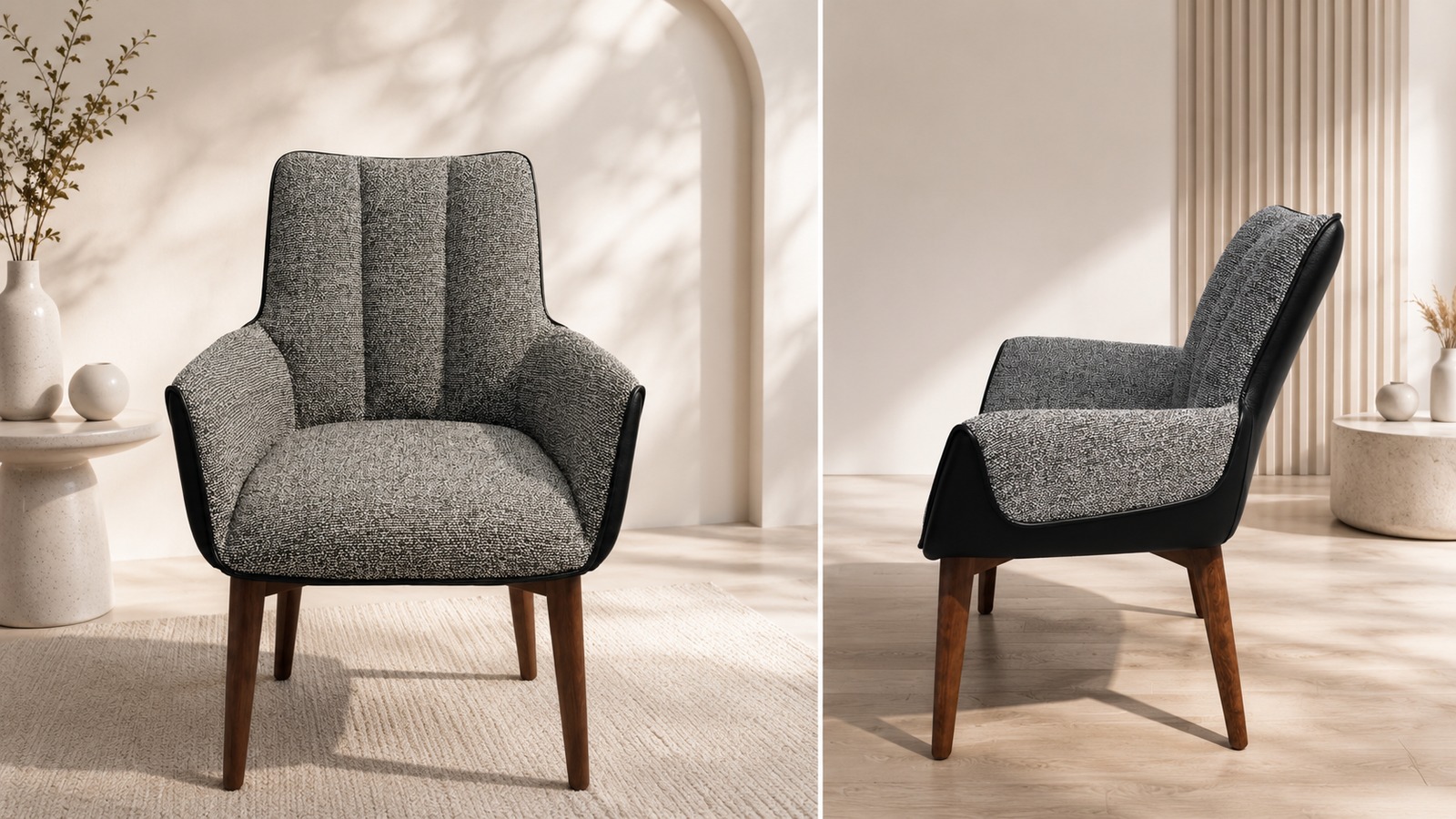 Gray fabric lounge chair with wooden legs and black side panels