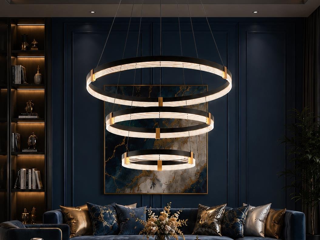 Lounge area with a layered circular ring pendant chandelier