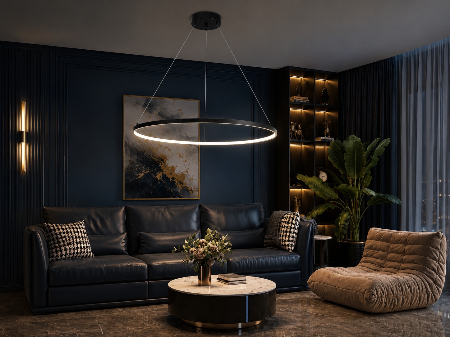 Modern living room with a large circular ring pendant light