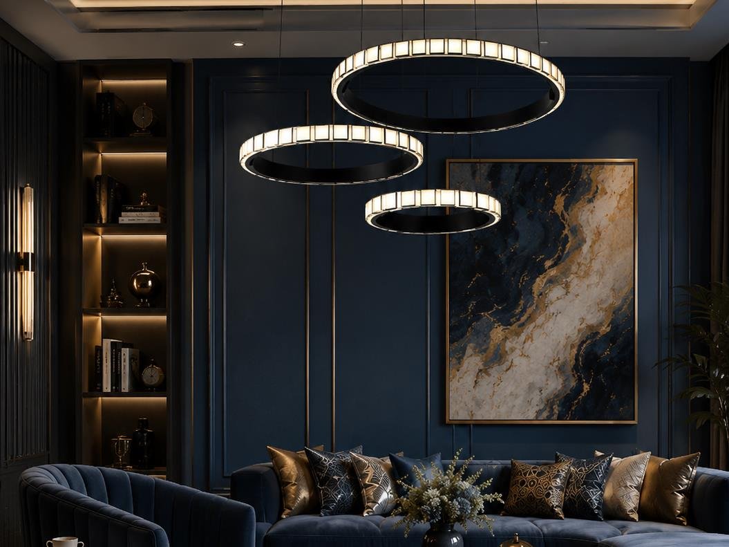 Living room with segmented circular ring pendant lights