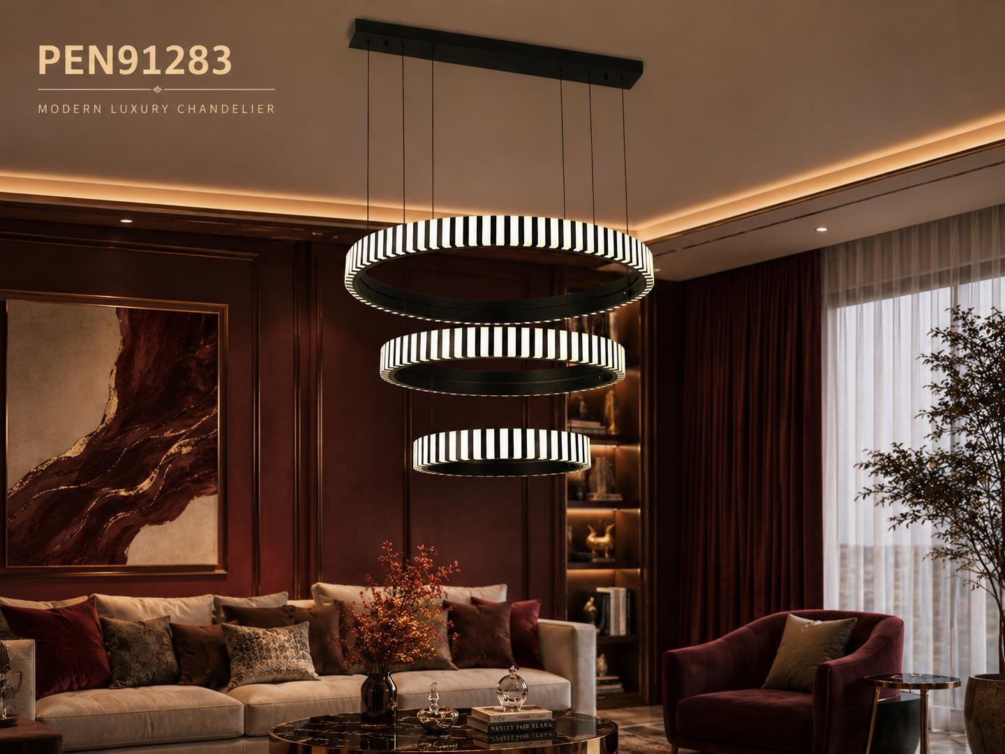 Warm living room with striped circular ring chandelier lights