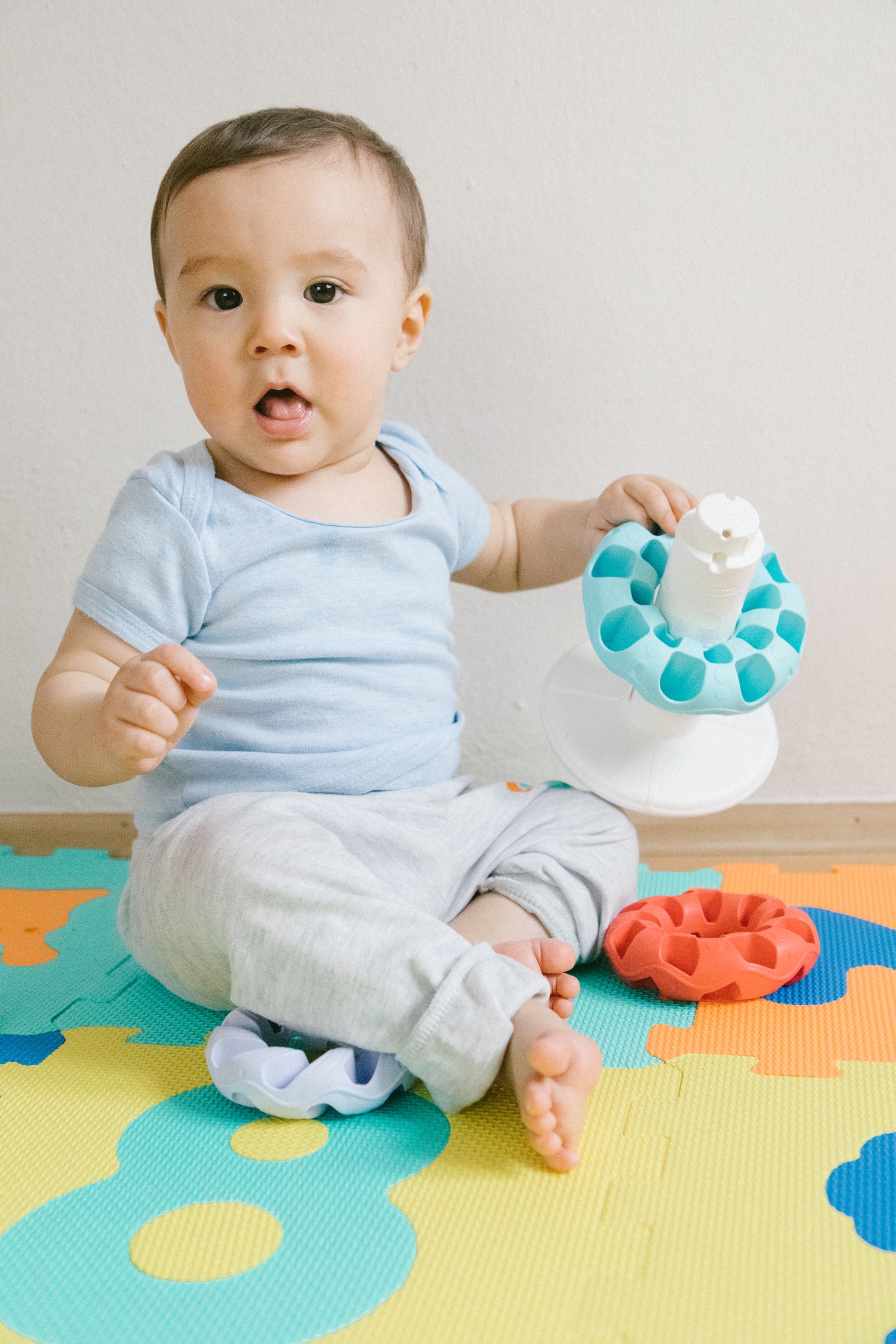 Colorful baby toys and infant play items