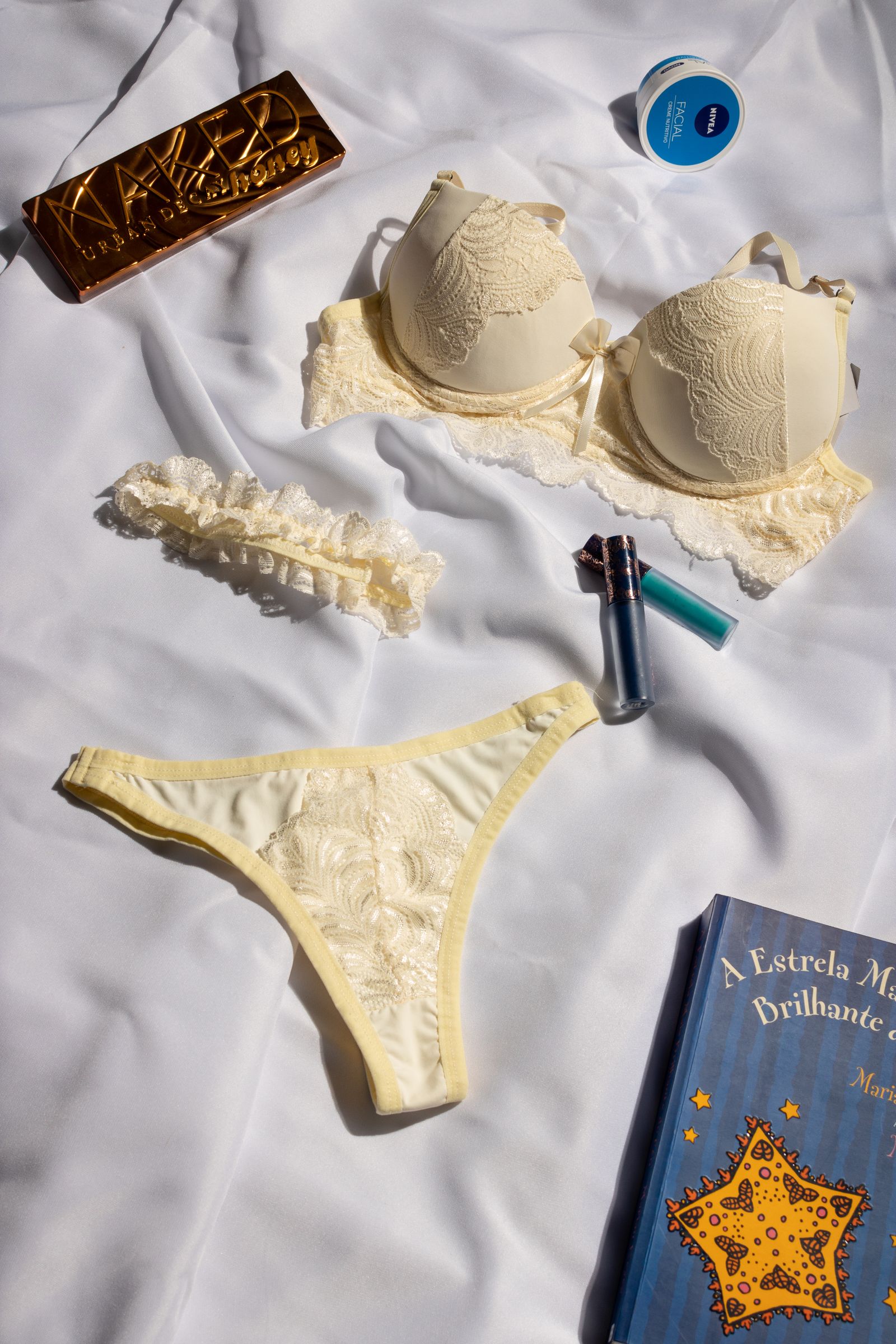 Lingerie and silk apparel fashion flat lay